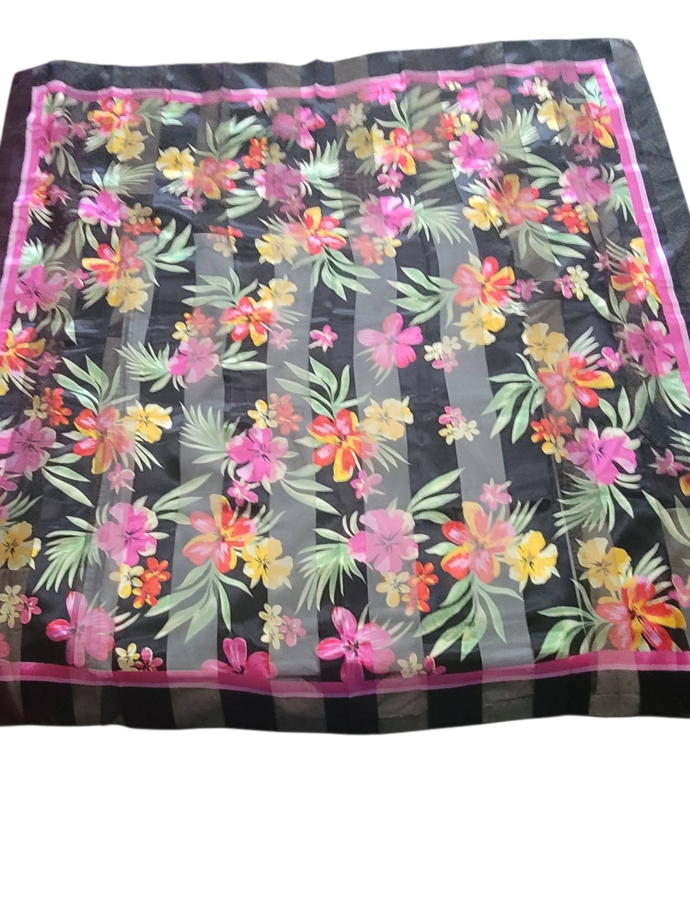 Floral Black Sheer Scarf with Pink & Yellow Blooms